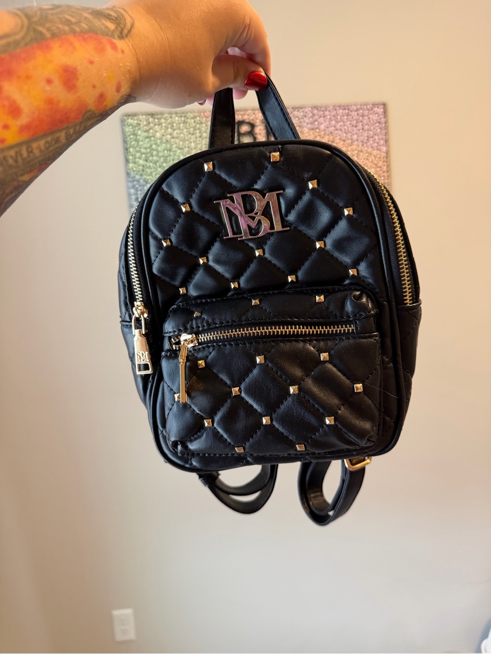 Badgley Mischka Black Quilted Mini Backpack with Gold Studs